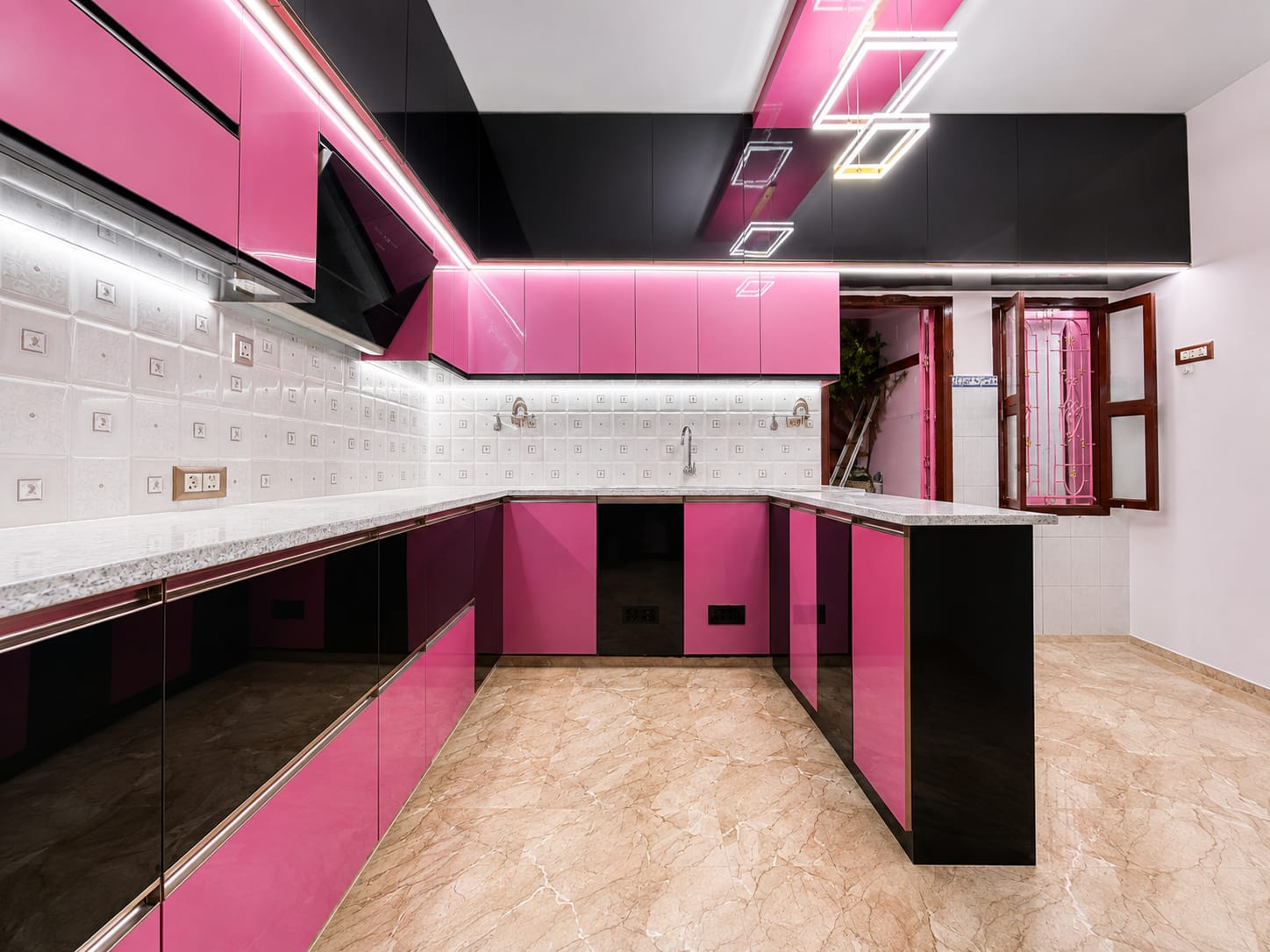 Pink and Black Gloss Modular Kitchen