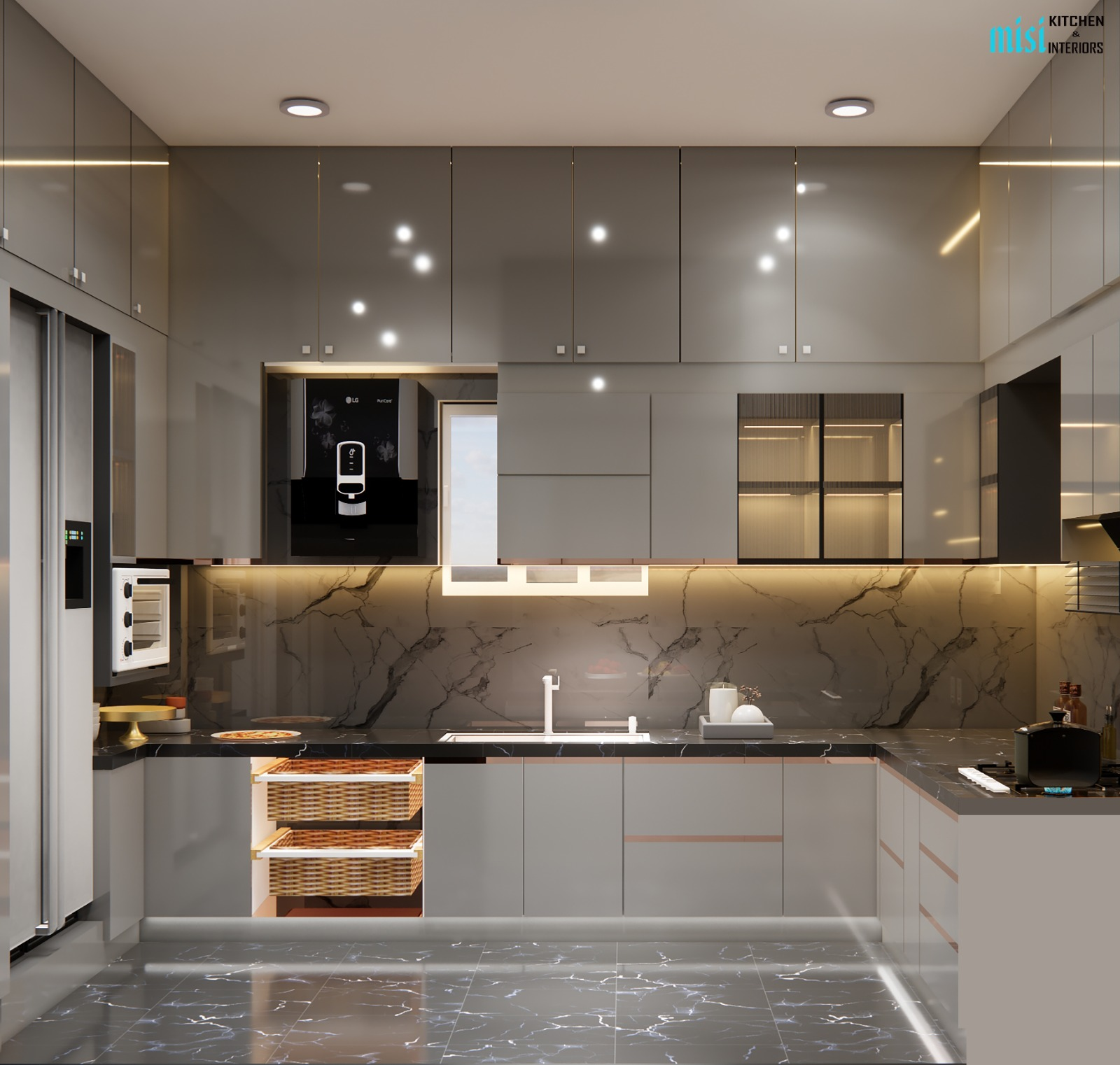 Grey Modular Kitchen with Rose Gold Accents